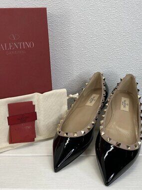 Valentino Garavani Patent Rockstud Ballet Women's Size 8.5 Leather Black Poudre